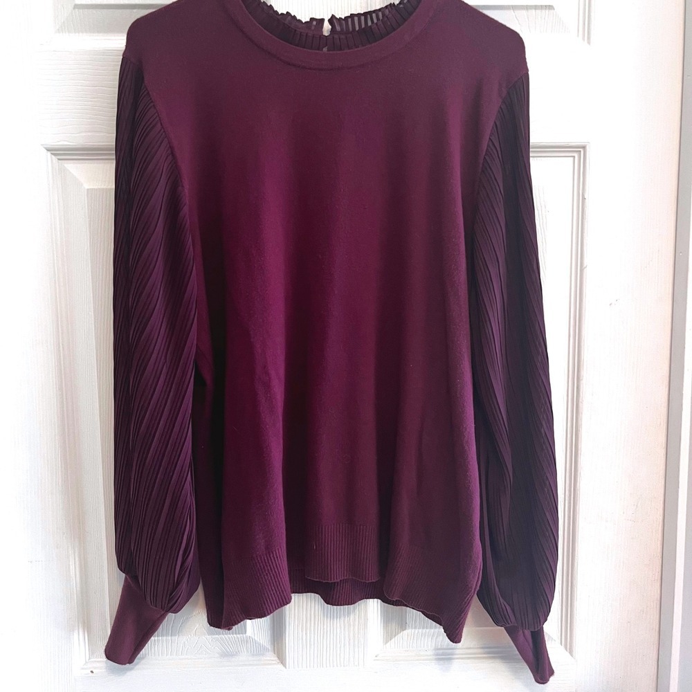 Plum Purple Sweater with Pleated Bishop Sleeves Ruffle Mock Neck Size Medium